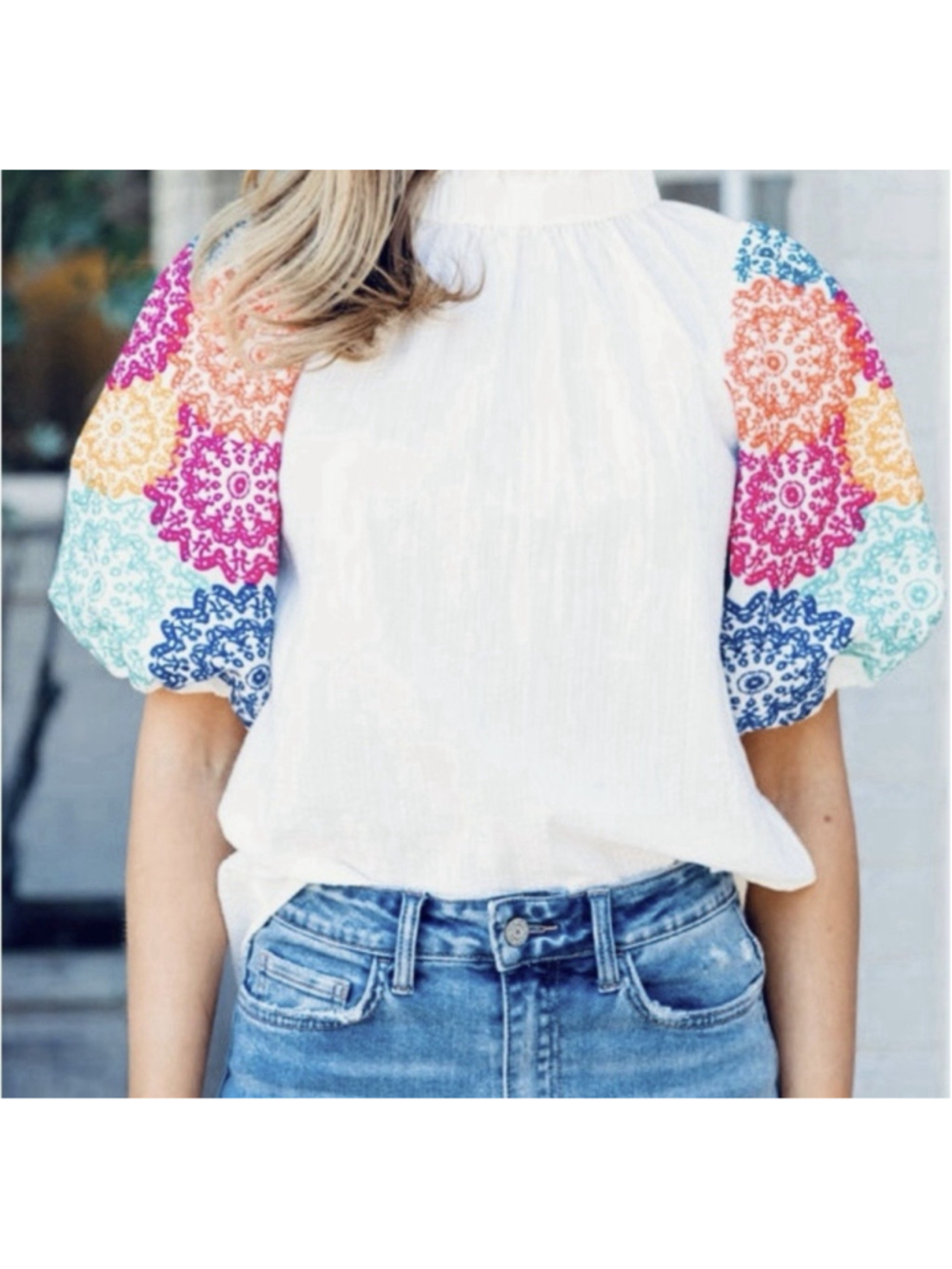 THML White Blouse with Colorful Puff Sleeves Cotton Size Small